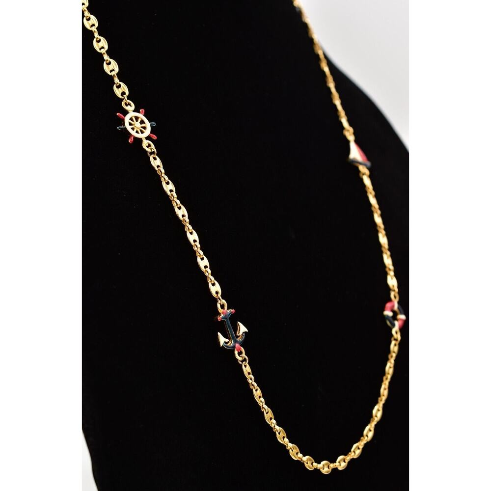 Vintage Mariner Station Chain Necklace Anchor Sail Boat Helm Red Blue Gold BinBC - Picture 6 of 12